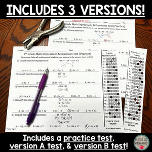 7th Grade Math Expressions & Equations Multiple Choice Assessments (Editable)