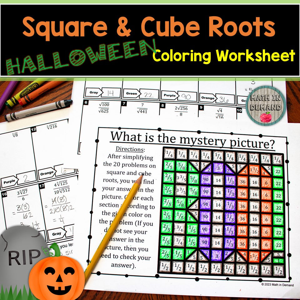 Simplifying Square Roots & Cube Roots Halloween Coloring Worksheet