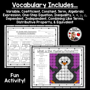 6th Grade Math Vocabulary Coloring Worksheet for 6.EE