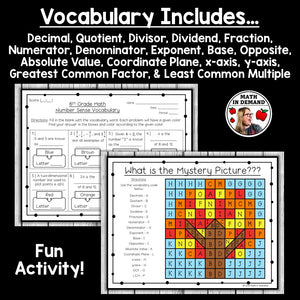 6th Grade Math Vocabulary Coloring Worksheet for 6.NS