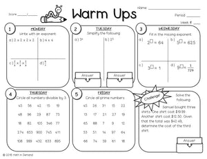 6th Grade Math Warm-ups