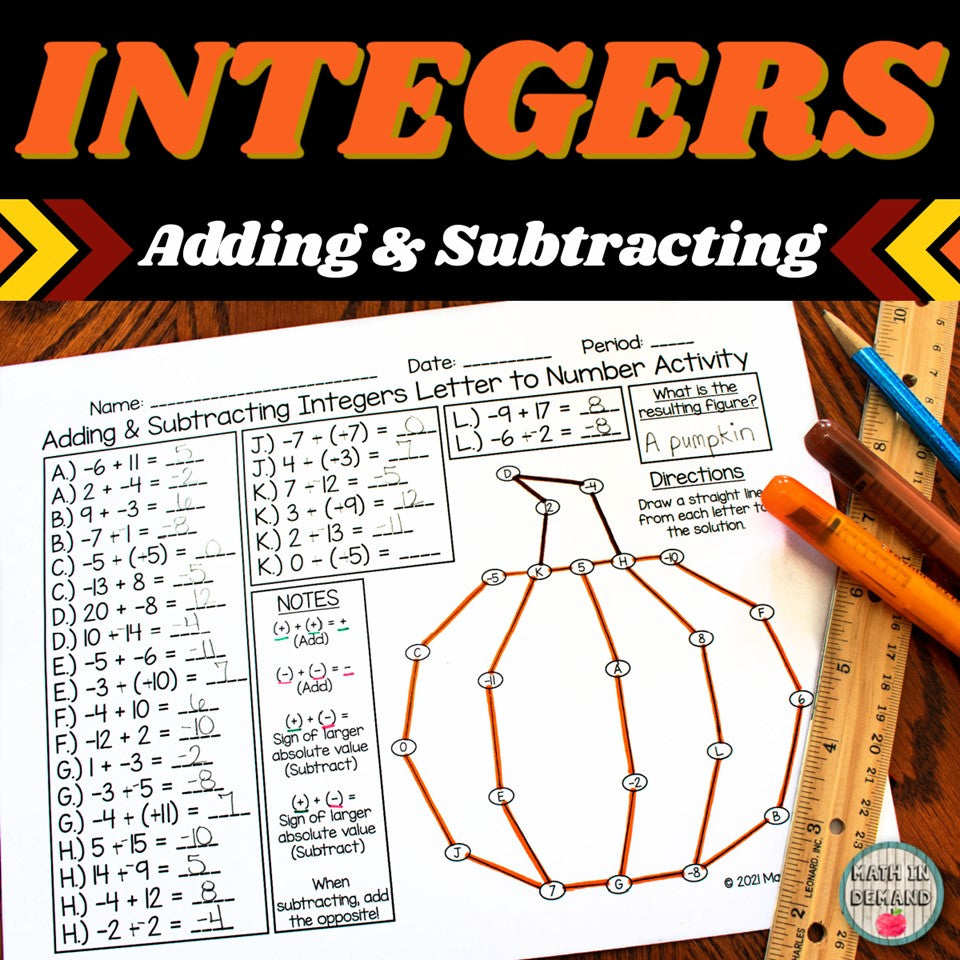 Adding and Subtracting Integers 7th Grade Math Fall Pumpkin Thanksgiving