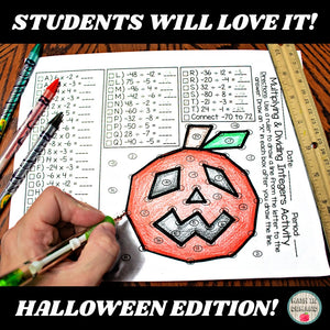 Multiplying & Dividing Integers Letter to Number Halloween Activity