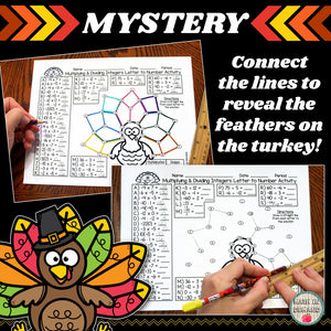 Multiplying and Dividing Integers Fall Turkey Activity Letter to Number 7th 8th