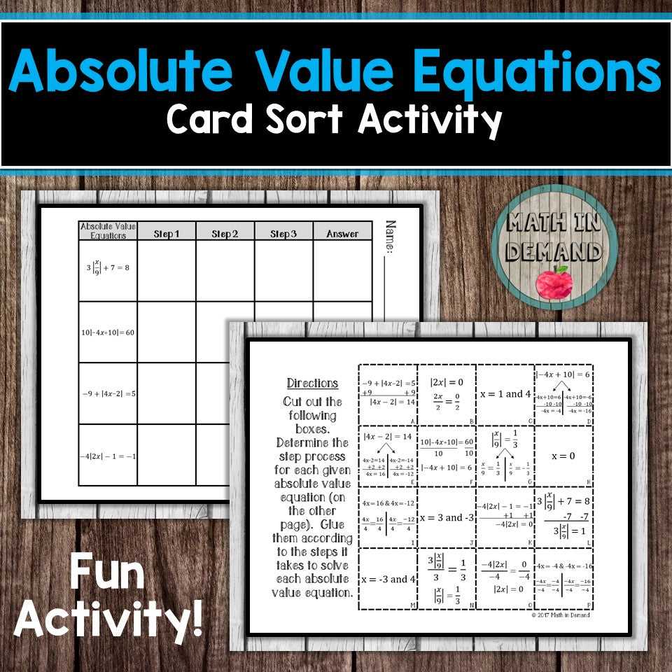 Absolute Value Equations Card Sort Activity