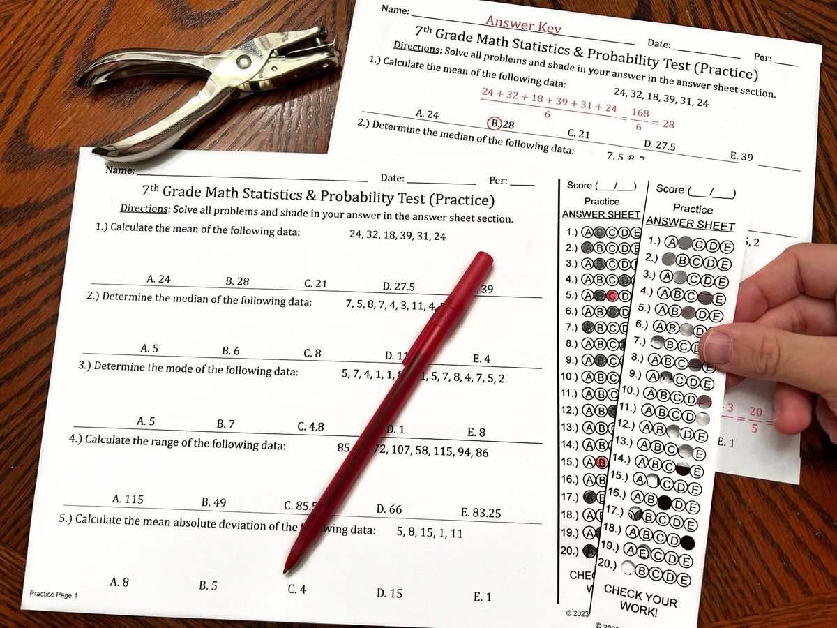 7th Grade Math Statistics & Probability Multiple Choice Assessments Te ...