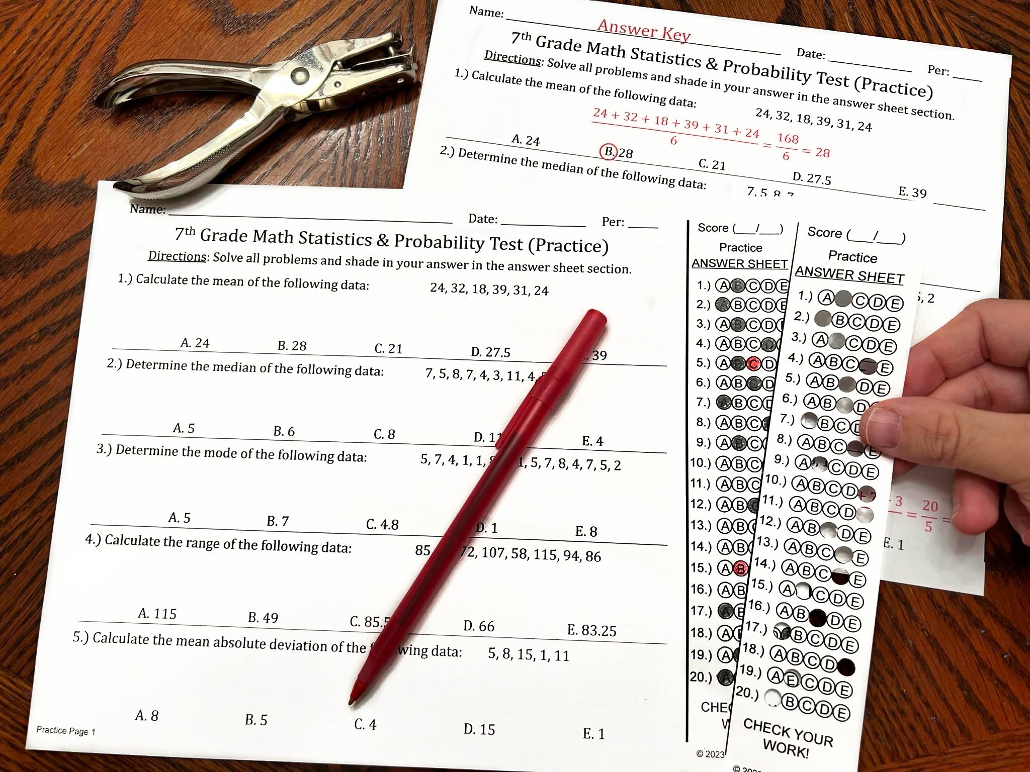 7th Grade Math Statistics & Probability Multiple Choice Assessments Tests