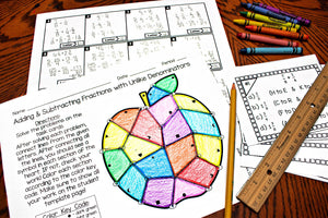 Adding & Subtracting Fractions with Unlike Denominators Stained Glass 6th Grade