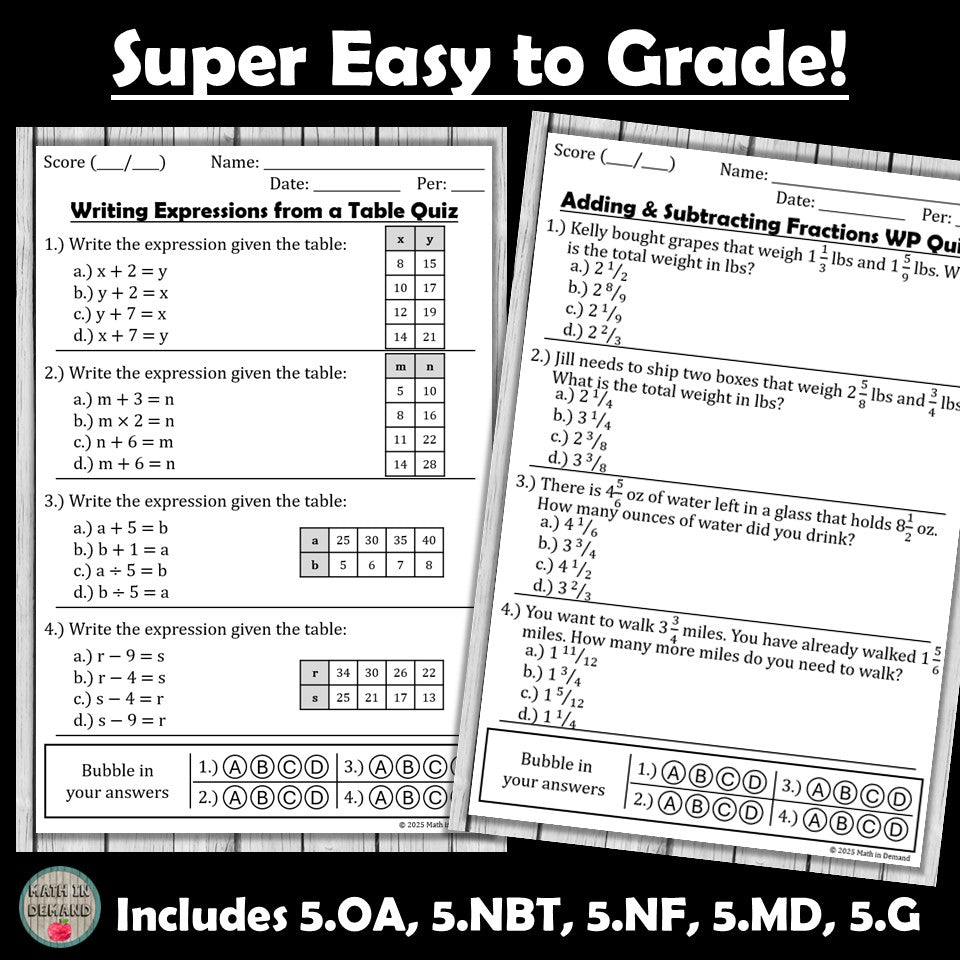 Multiple Choice Math Equations 5th Grade Math Multiple Choice Quizzes - Math in Demand