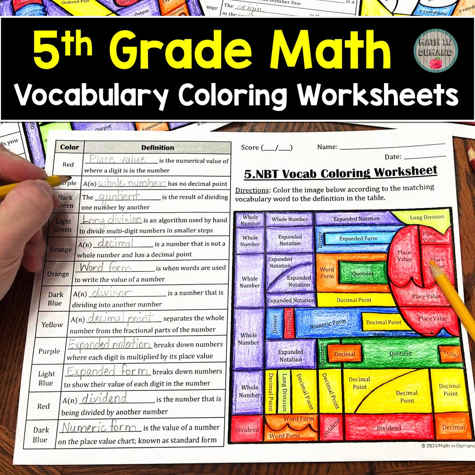 5th Grade Math Vocabulary Coloring Worksheets