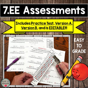 7th Grade Math Expressions & Equations Multiple Choice Assessments (Editable)
