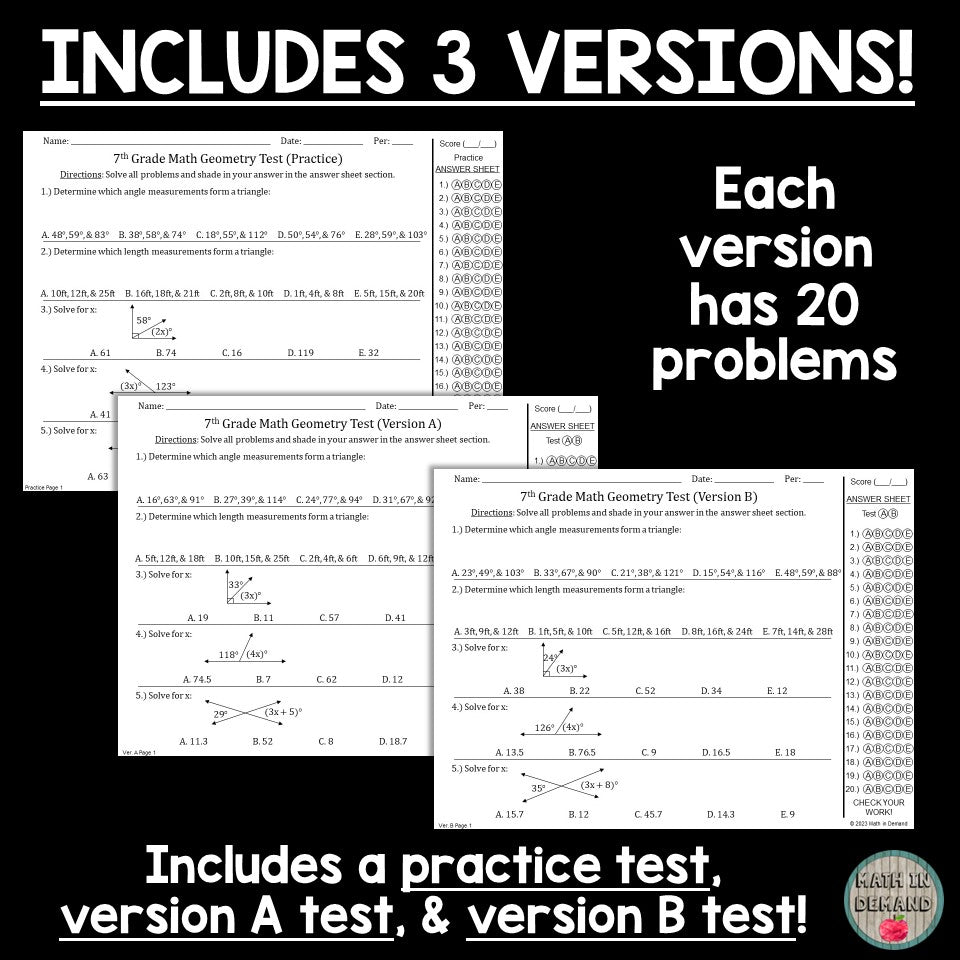 7th Grade Math Geometry Multiple Choice Assessments Tests Editable
