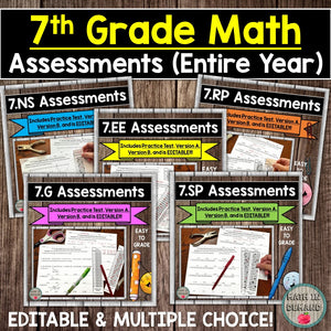 7th Grade Math Multiple Choice Assessments Editable Tests