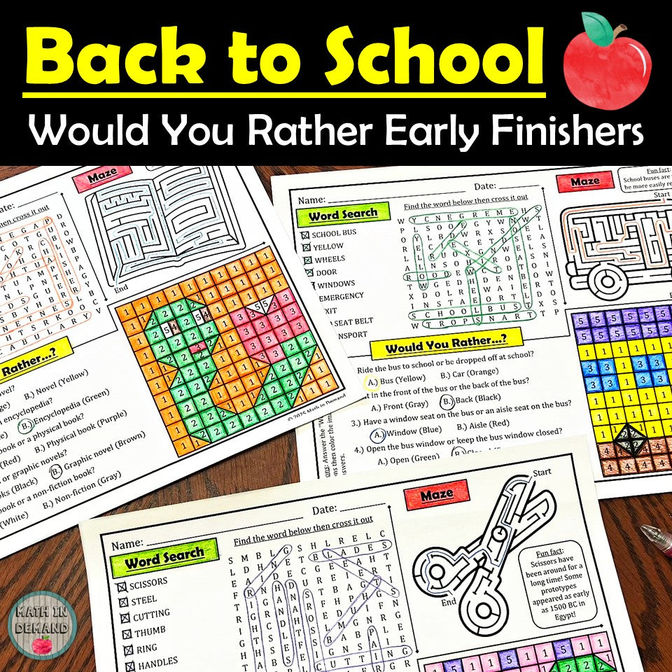 Back to School Early Finishers Would You Rather