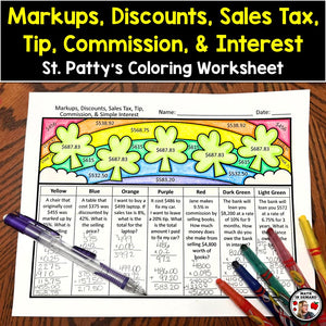 Markup, Discount, Sales Tax, Tip, Commission, Simple Interest Coloring Worksheet