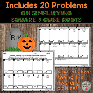 Simplifying Square Roots & Cube Roots Halloween Coloring Worksheet