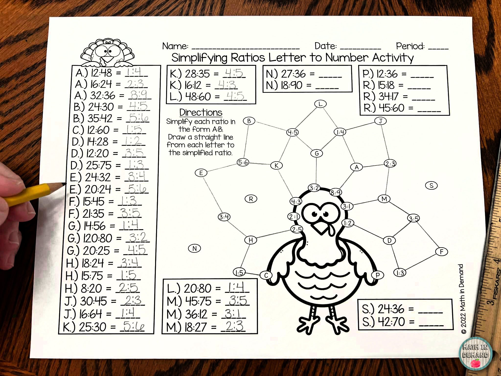 Simplifying Ratios Fall Turkey Activity Letter to Number 5th 6th Grade ...