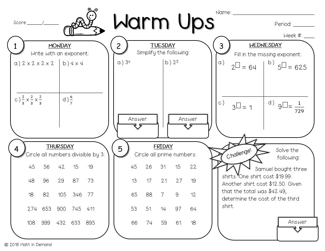 6th Grade Math Warmups Math in Demand