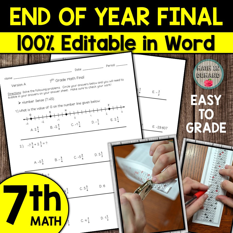 7th Grade Math End of Year Final (Editable)