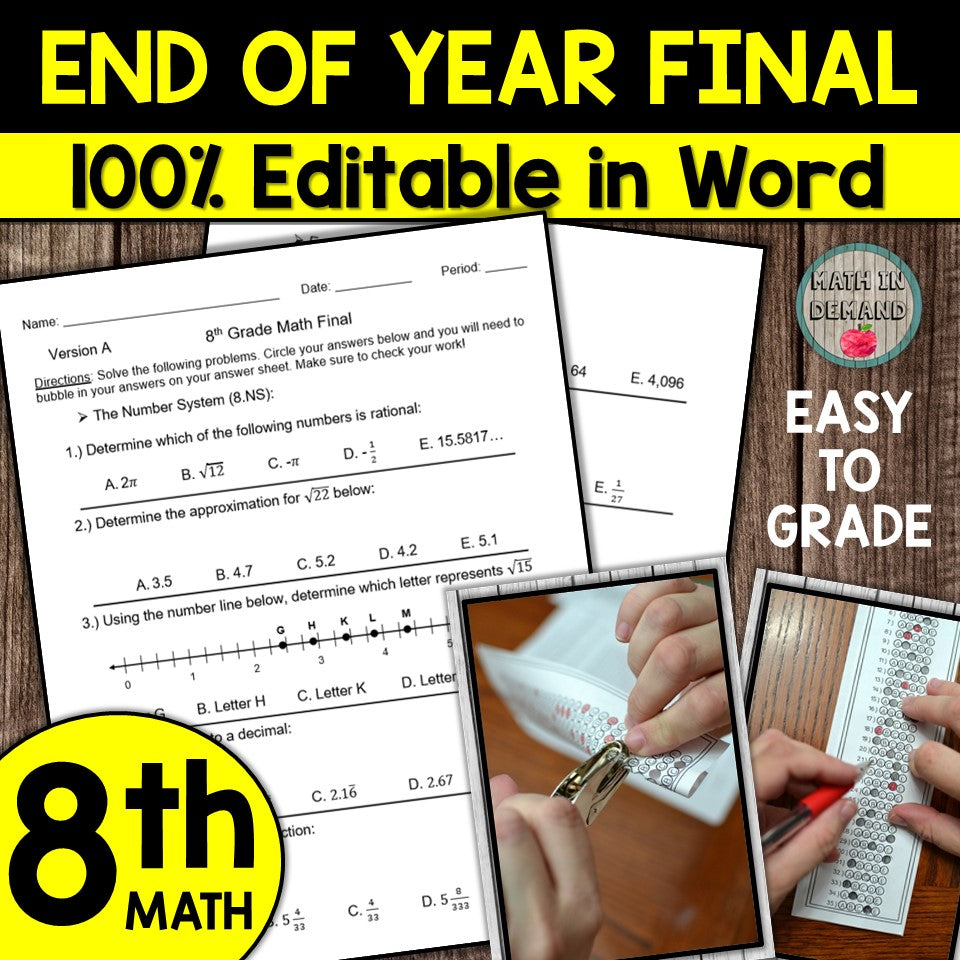 8th Grade Math End of Year Final (Editable)