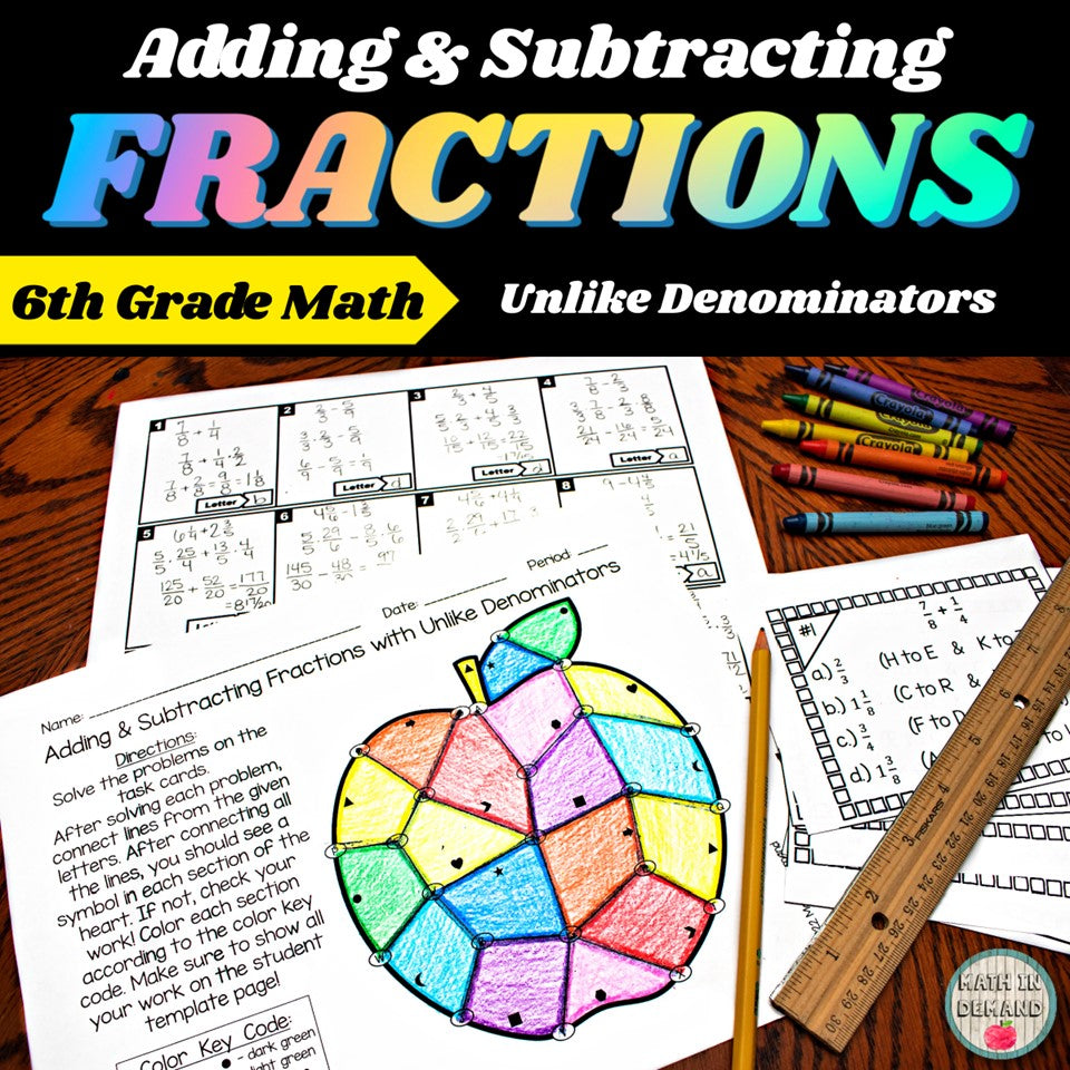 Adding and Subtracting Fractions Stained Glass Task Cards (Positive Only)
