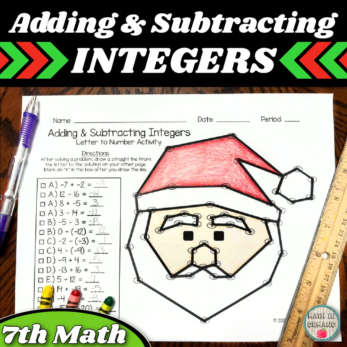 Adding & Subtracting Integers Letter to Number Christmas Activity