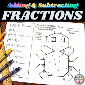 Adding and Subtracting Fractions Stained Glass Halloween Spider Edition