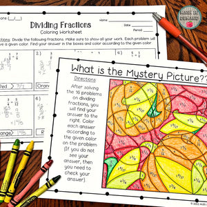 Dividing Fractions Coloring Worksheet Fall Edition Mystery Picture