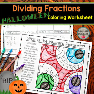 Dividing Fractions Coloring Worksheet Halloween Edition Mystery Picture
