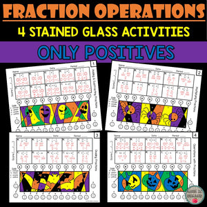 Adding, Subtracting, Multiplying, and Dividing Fractions Halloween Stained Glass (Positives Only)