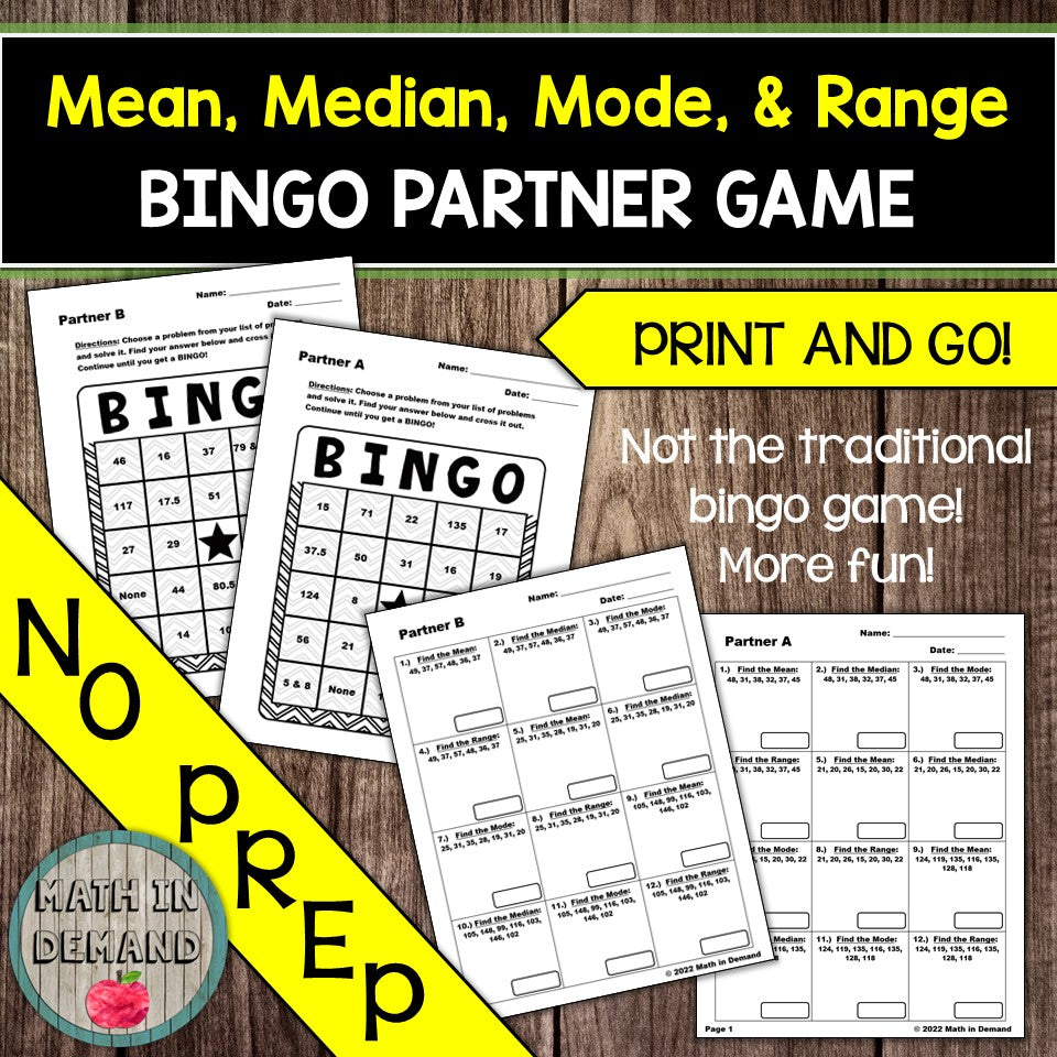 Bingo Ranges Mean, Median, Mode, and Range Bingo Partner Game - Math in Demand