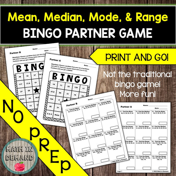Mean, Median, Mode, and Range Bingo Partner Game Math in Demand