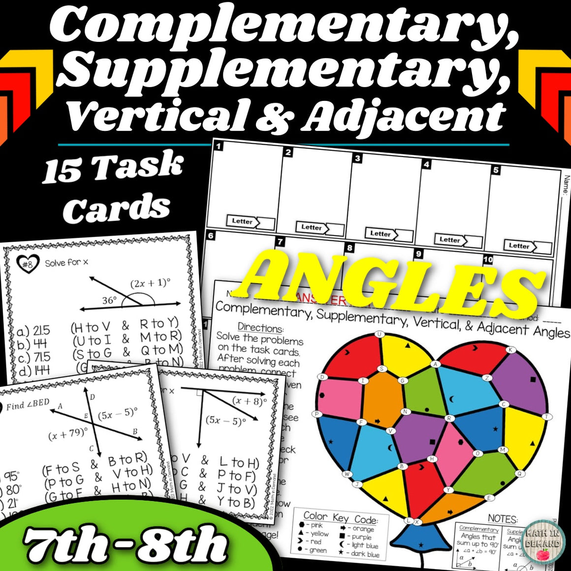 Complementary, Supplementary, Vertical, and Adjacent Stained Glass Task Cards