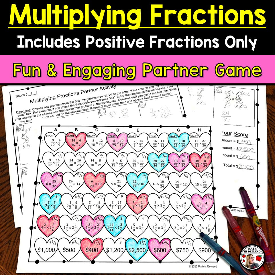 Multiplying Fractions Partner Activity (Positives Only) Valentine's Day Edition