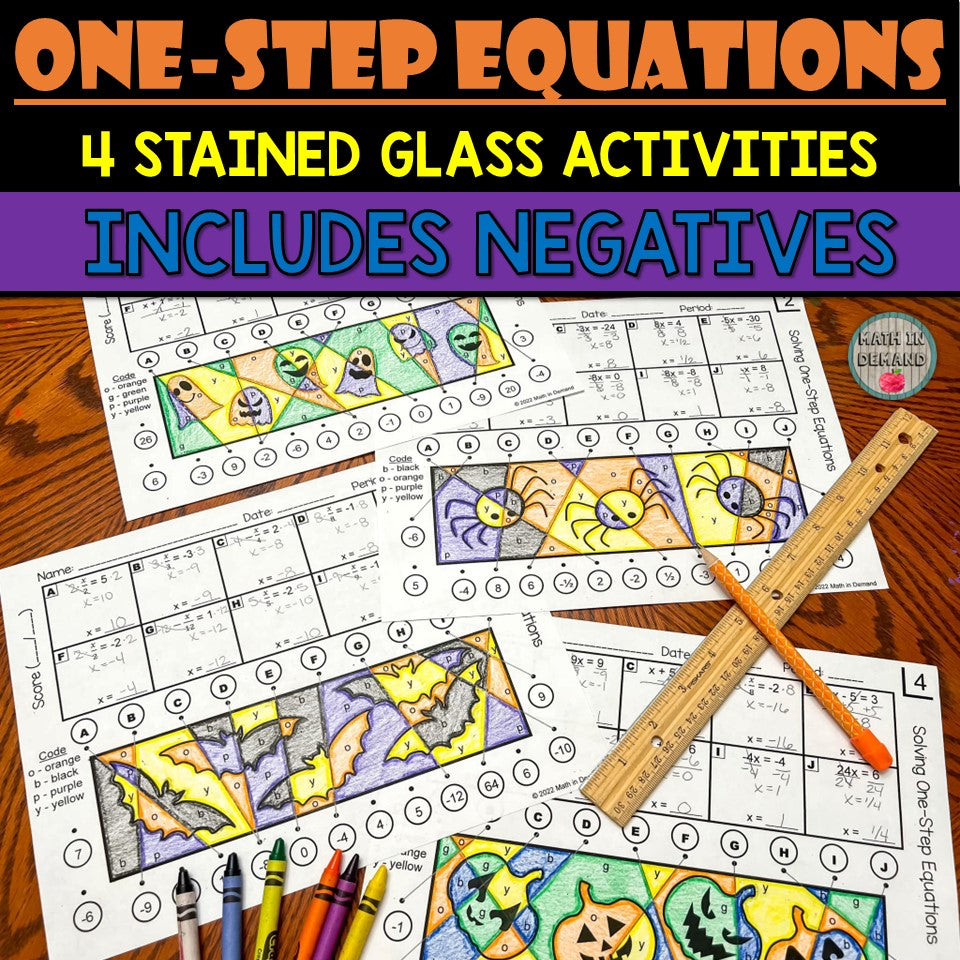 One-Step Equations Includes 4 Stained Glass Activities Halloween Edition