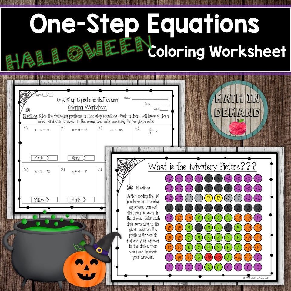 One-Step Equations Halloween Coloring Worksheet