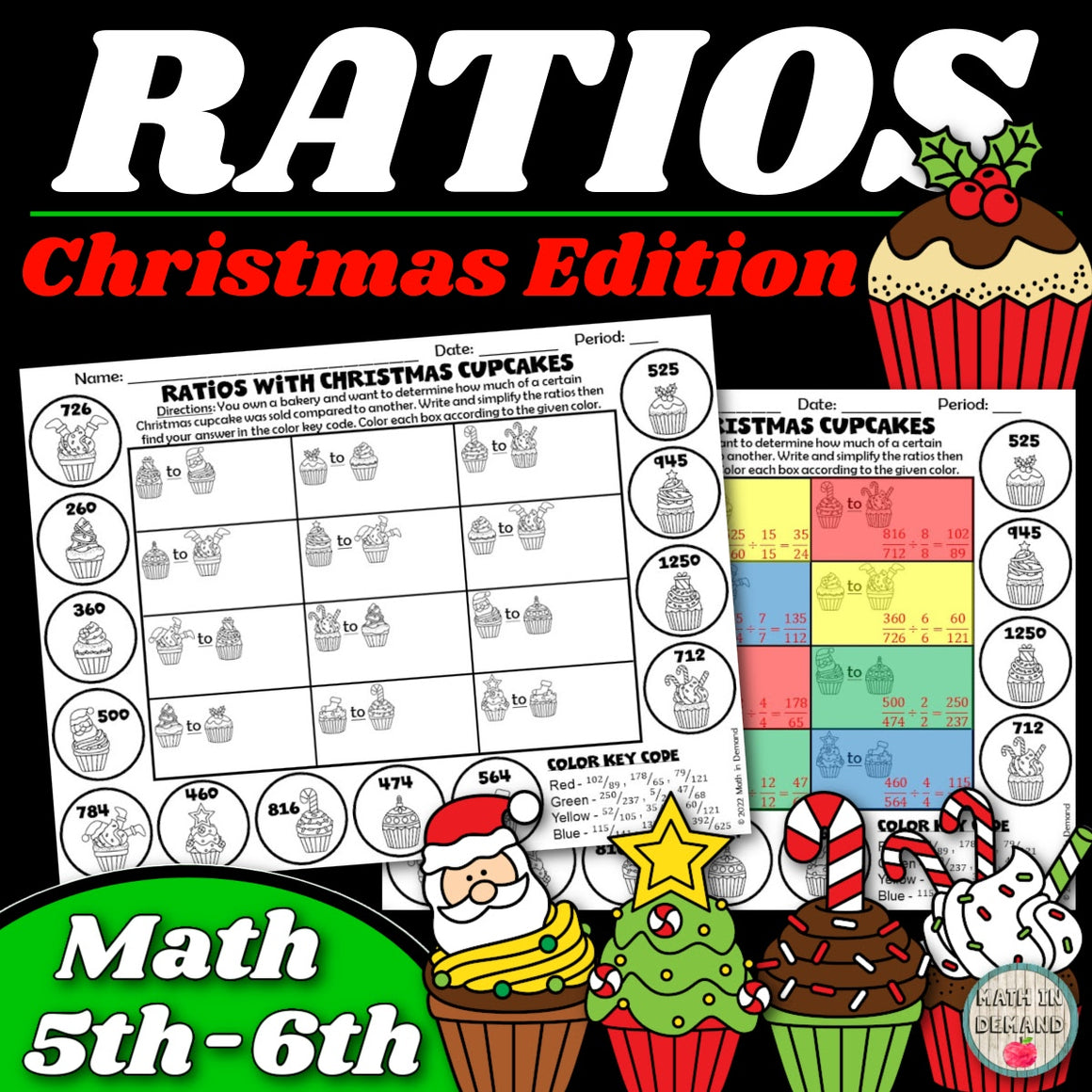 Simplifying Ratios with Christmas Cupcakes Activity 5th and 6th Grade Math
