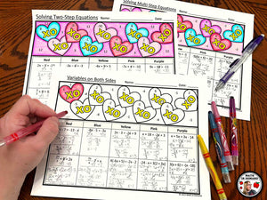 Solving Equations Coloring Worksheets (Two-Step, Multi-Step, & Variables on Both Sides)