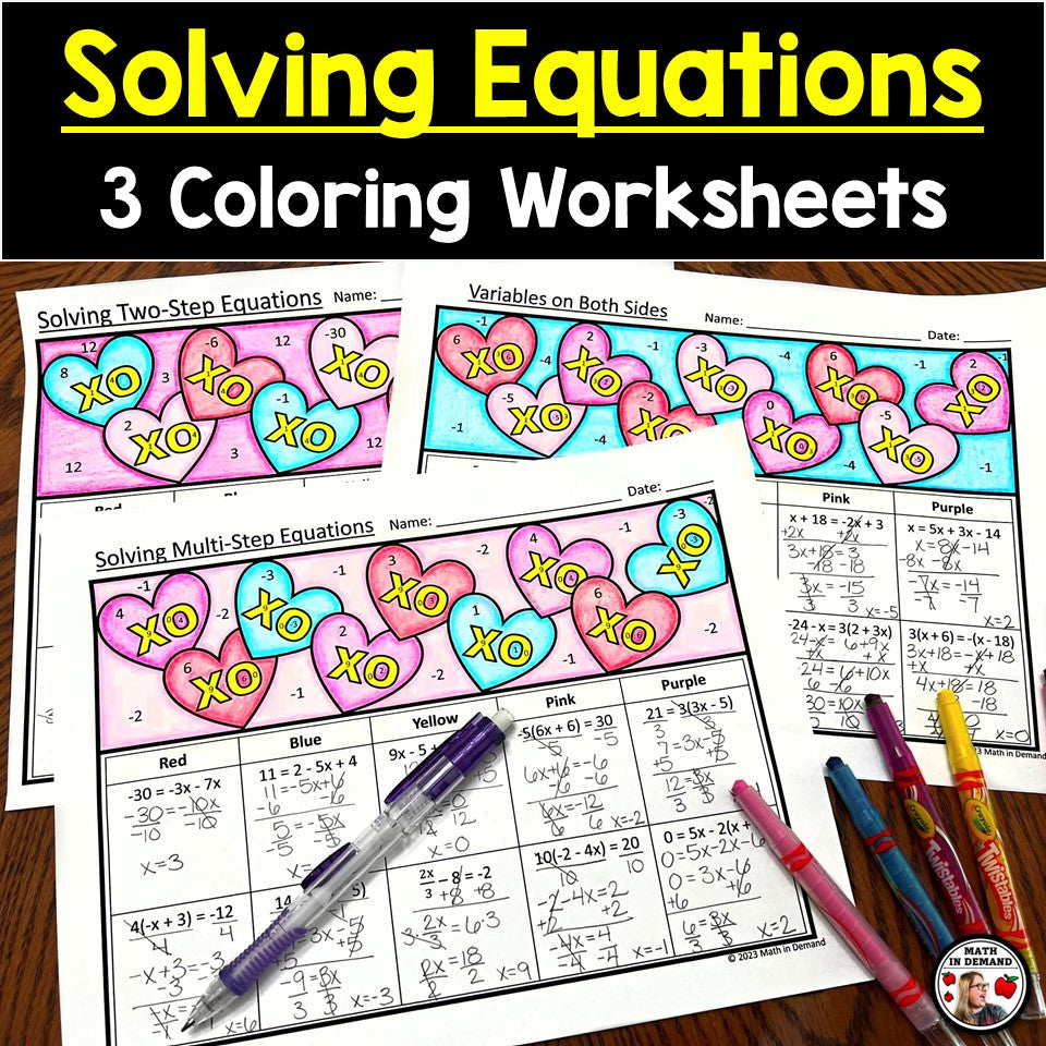 Solving Equations Coloring Worksheets (Two-Step, Multi-Step, & Variables on Both Sides)