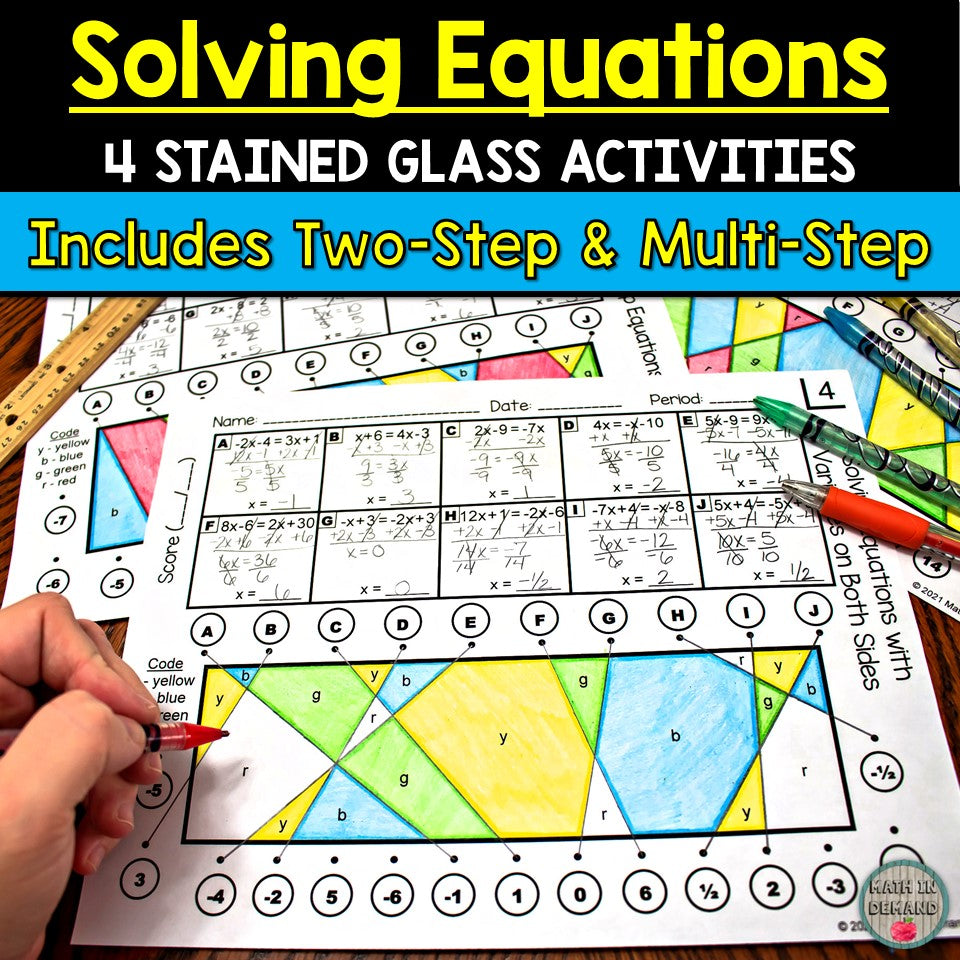 Solving Equations Stained Glass 4 Worksheets (Two-Step & Multi-Step Equations)