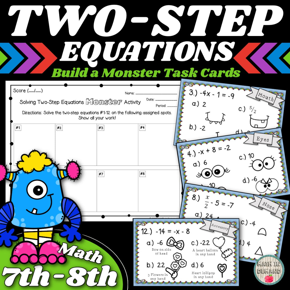 Two-Step Equations Build A Monster Task Cards Activity