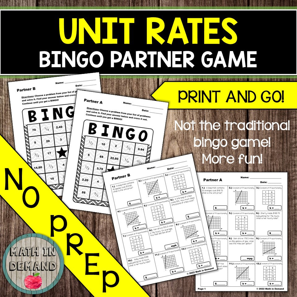 Unit Rates Proportional Relationships Constant of Proportionality Bingo Game
