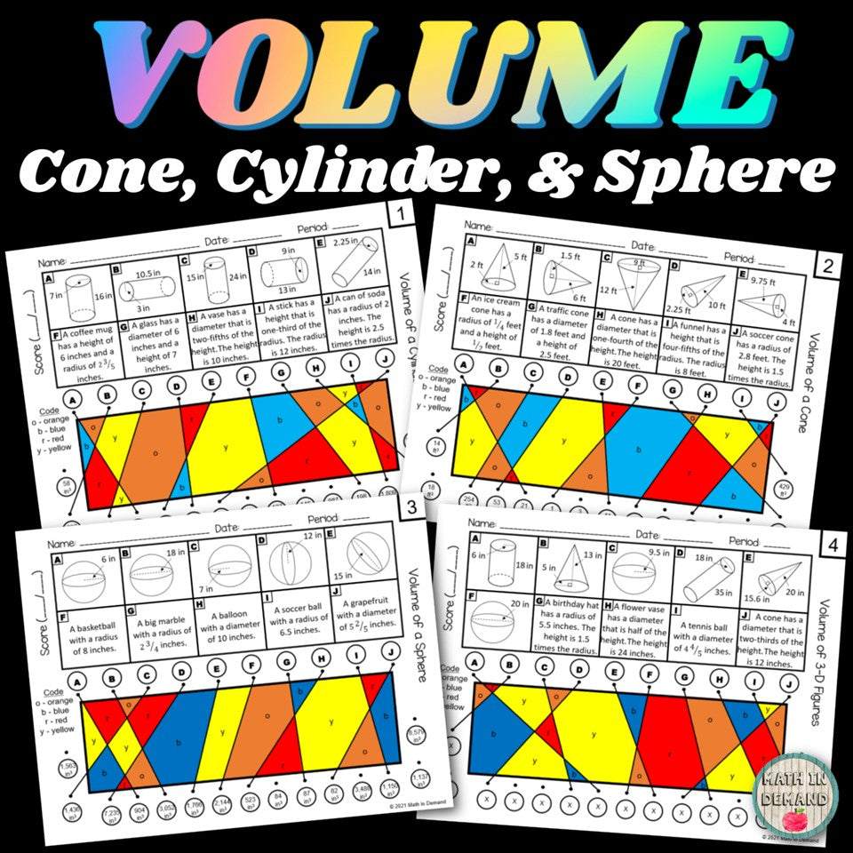 Volume of a Cone, Cylinder, and Sphere Stained Glass Activities