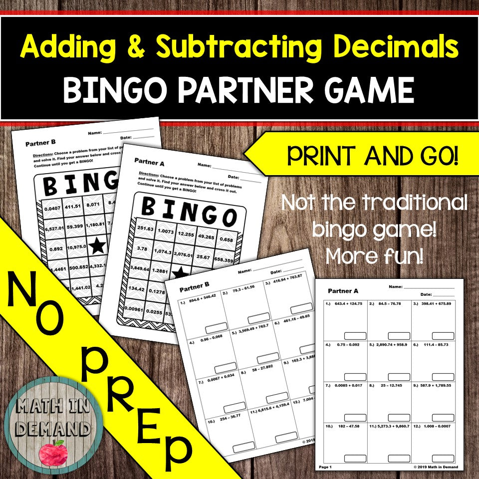 Adding and Subtracting Decimals Bingo Partner Game